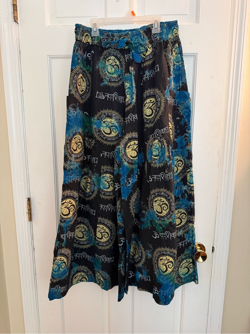 Wide Leg Boho Print Pants - Black & Teal